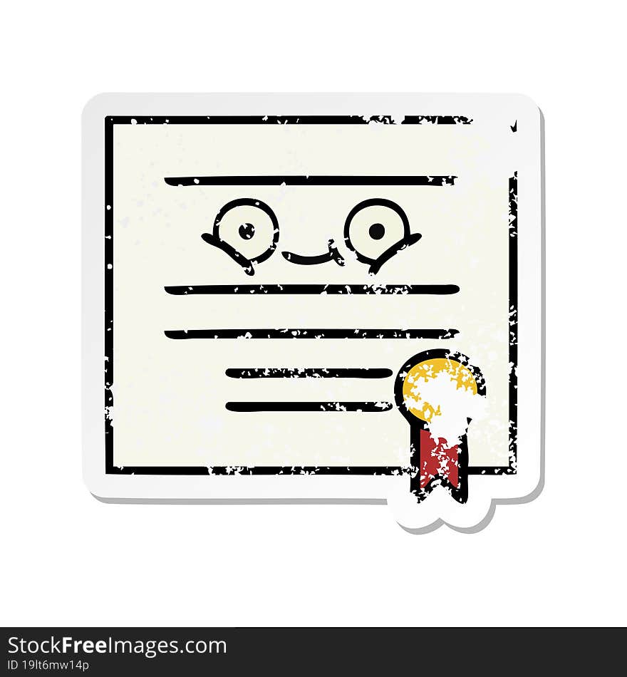 distressed sticker of a cute cartoon graduation diploma