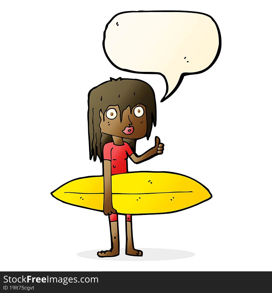 cartoon surfer girl with speech bubble