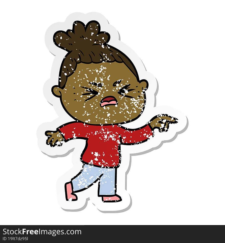 distressed sticker of a cartoon angry woman