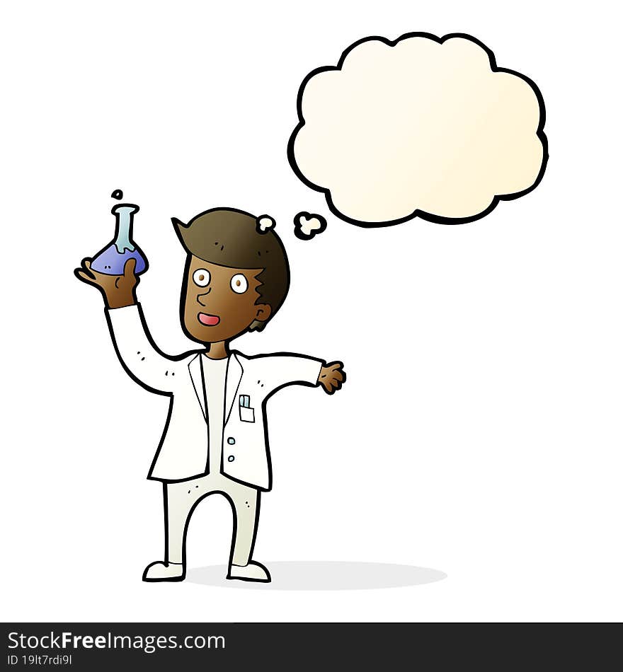 cartoon happy scientist with thought bubble