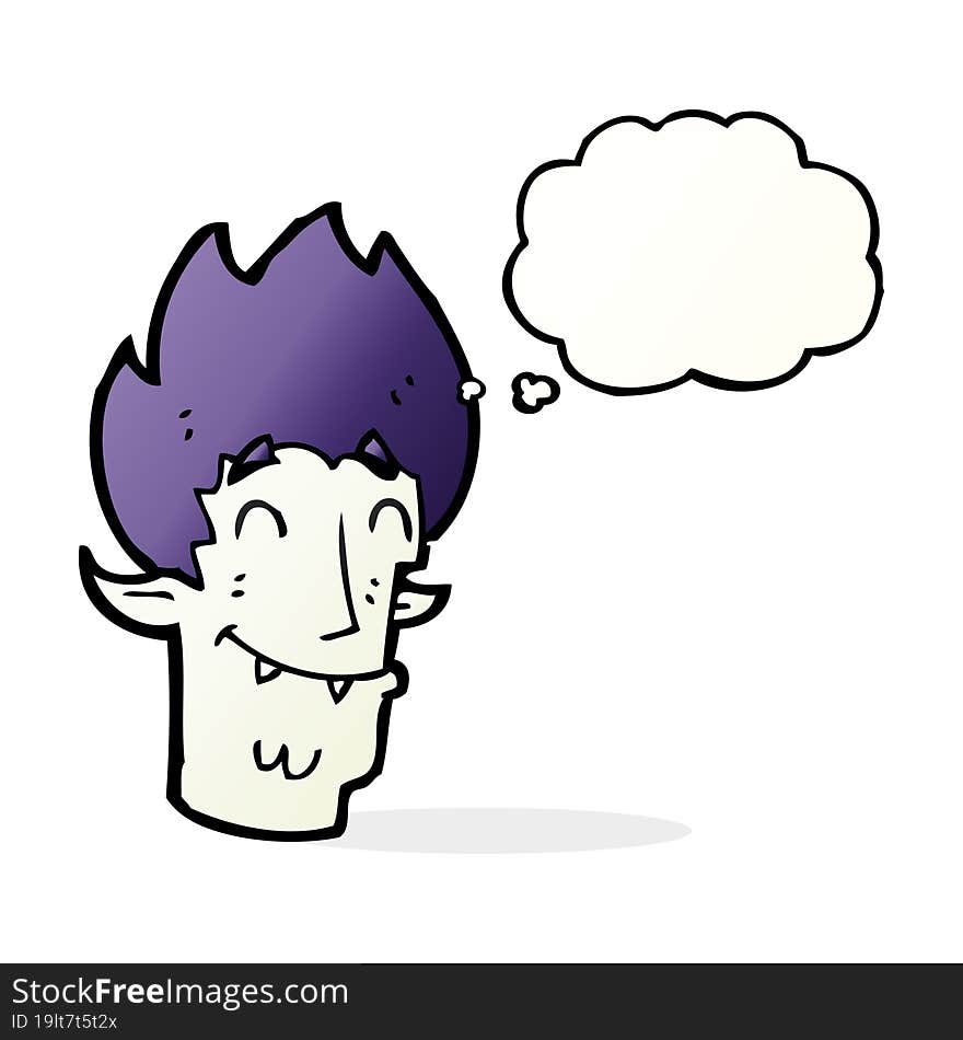 cartoon happy vampire head with thought bubble