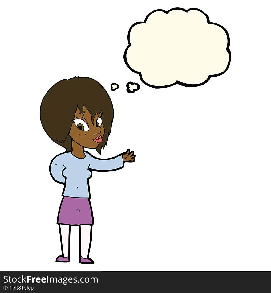 Cartoon Woman Making Welcome Gesture With Thought Bubble