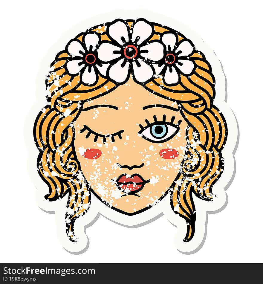 traditional distressed sticker tattoo of a maidens face winking