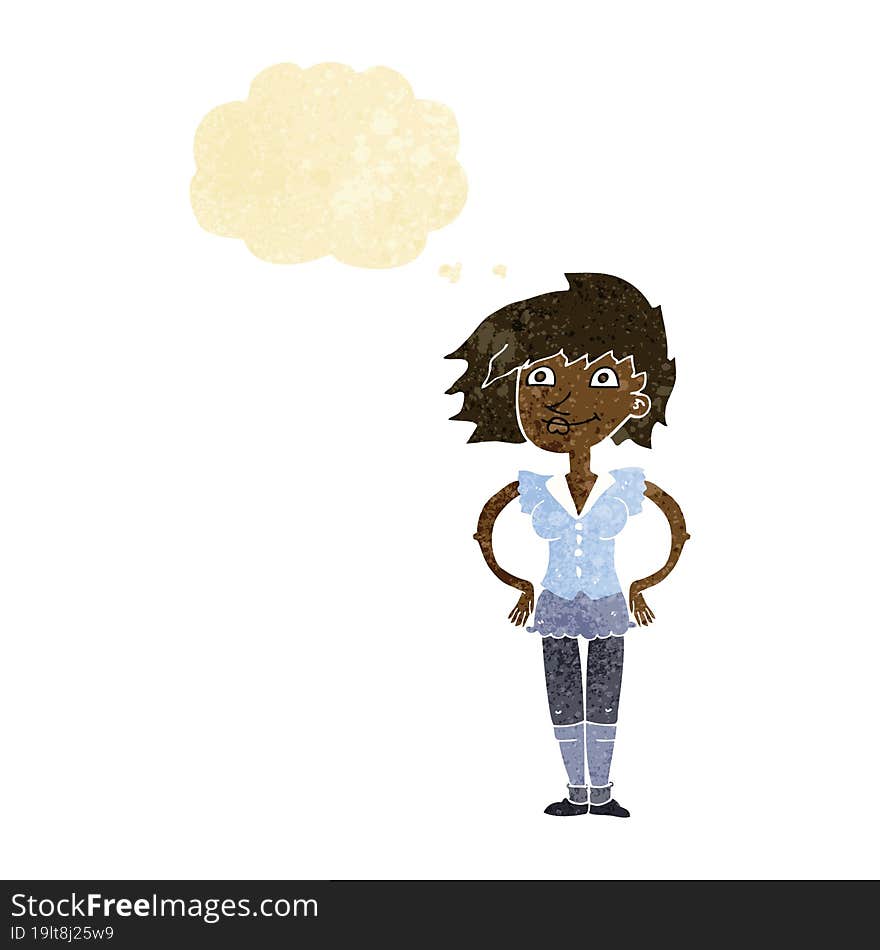 cartoon woman with hands on hips with thought bubble