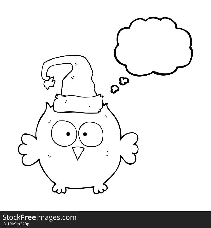 freehand drawn thought bubble cartoon owl wearing christmas hat