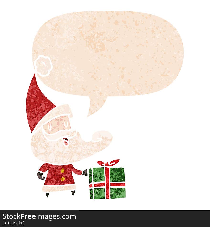 cartoon santa claus and speech bubble in retro textured style