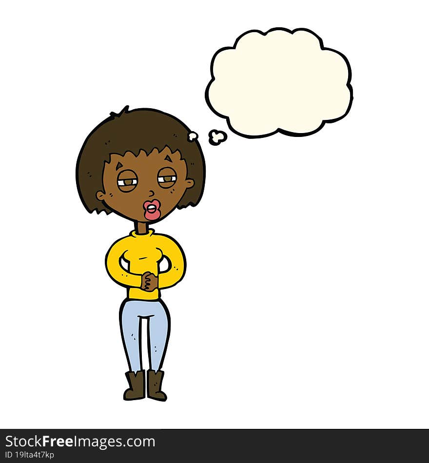 cartoon tired woman with thought bubble