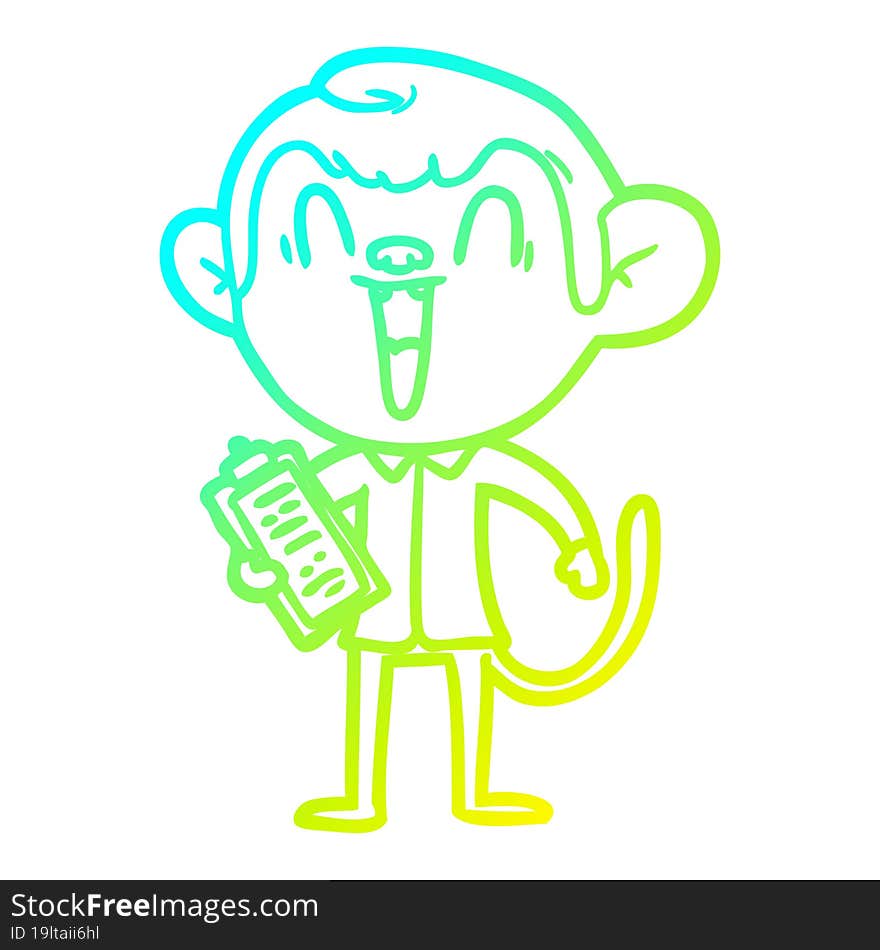 cold gradient line drawing of a cartoon laughing monkey