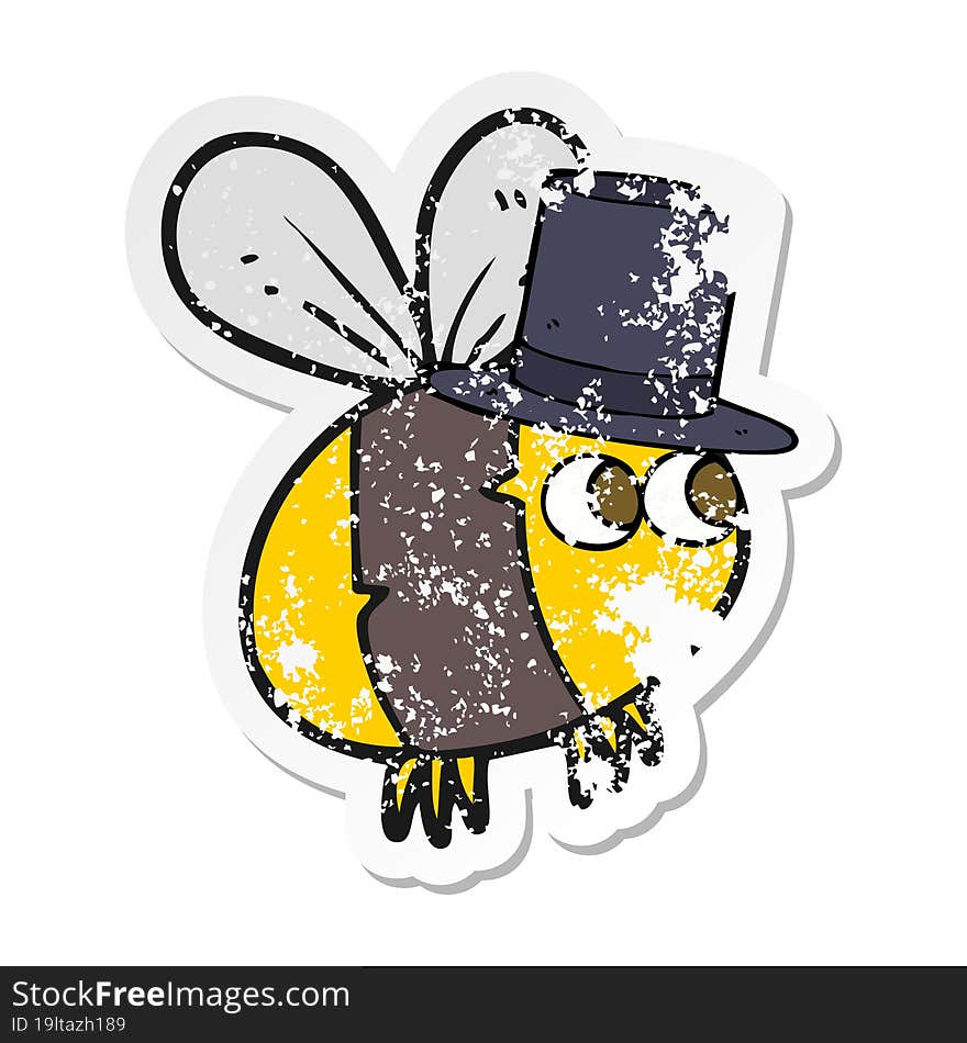 retro distressed sticker of a cartoon bee in top hat