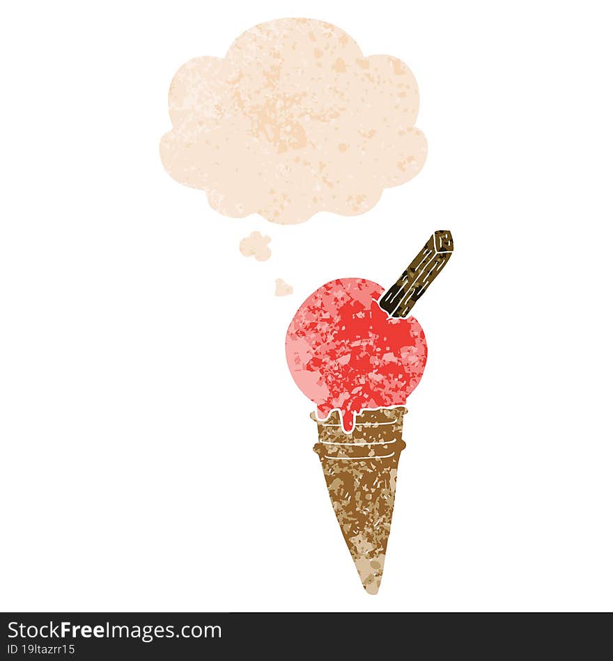 cartoon ice cream and thought bubble in retro textured style