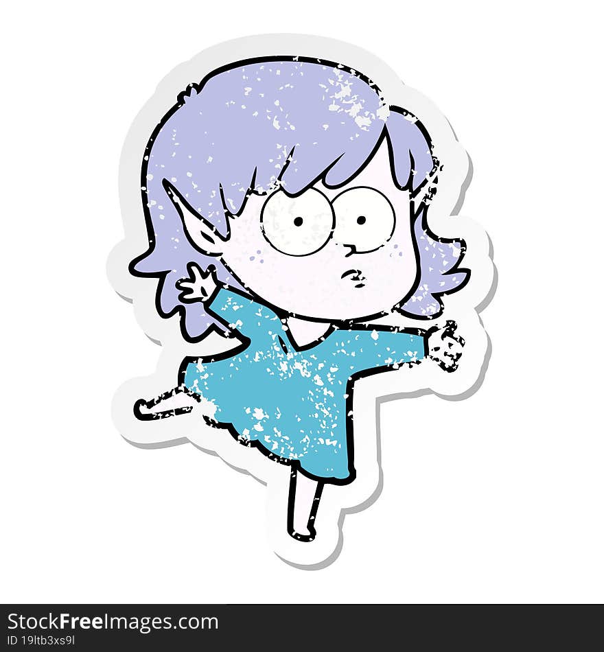 distressed sticker of a cartoon elf girl staring