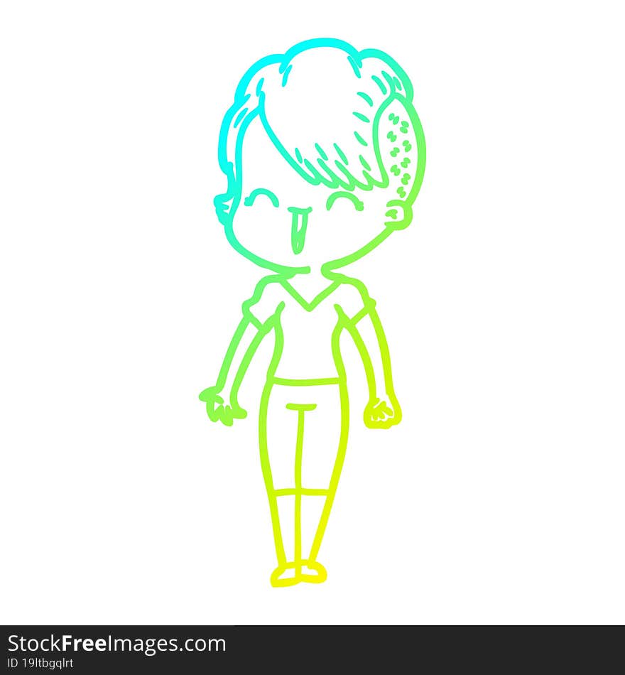 cold gradient line drawing of a happy cartoon hipster girl