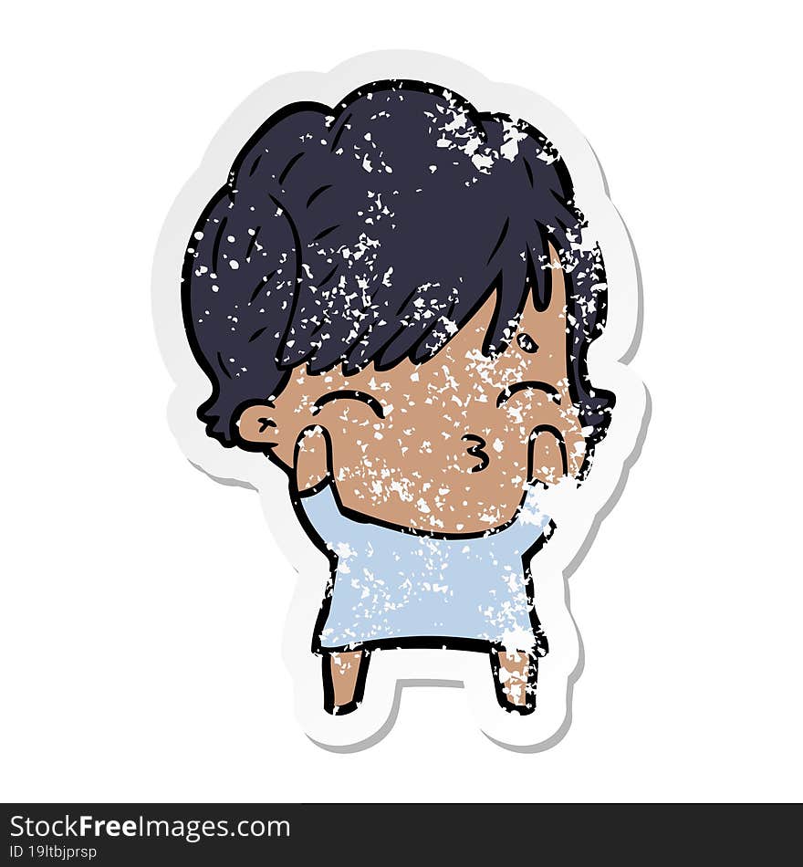 distressed sticker of a cartoon woman thinking