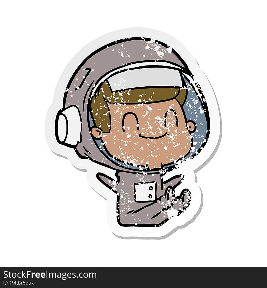 Distressed Sticker Of A Happy Cartoon Astronaut Man