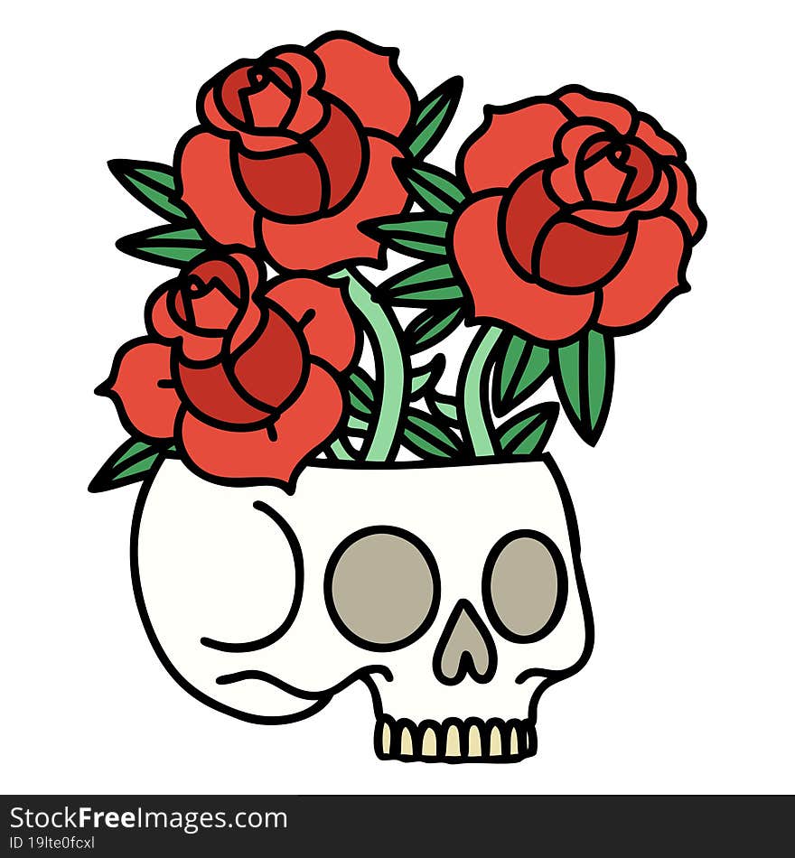 traditional tattoo of a skull and roses