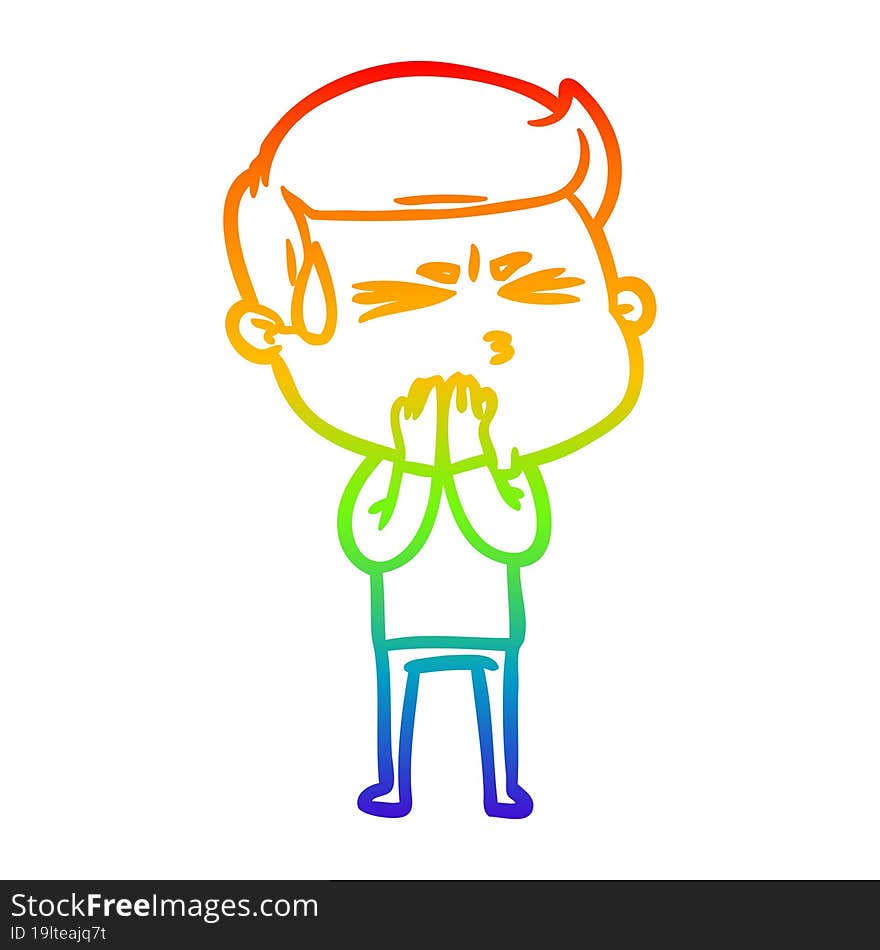 rainbow gradient line drawing cartoon man sweating