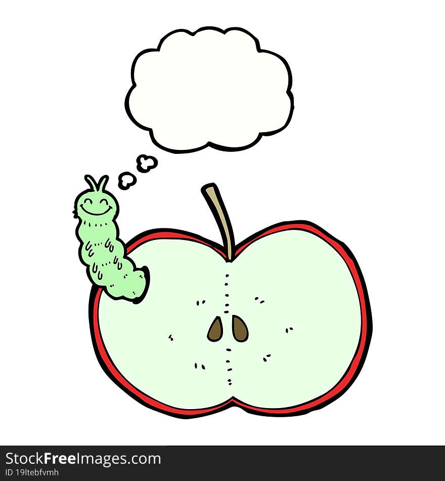 cartoon bug eating apple with thought bubble