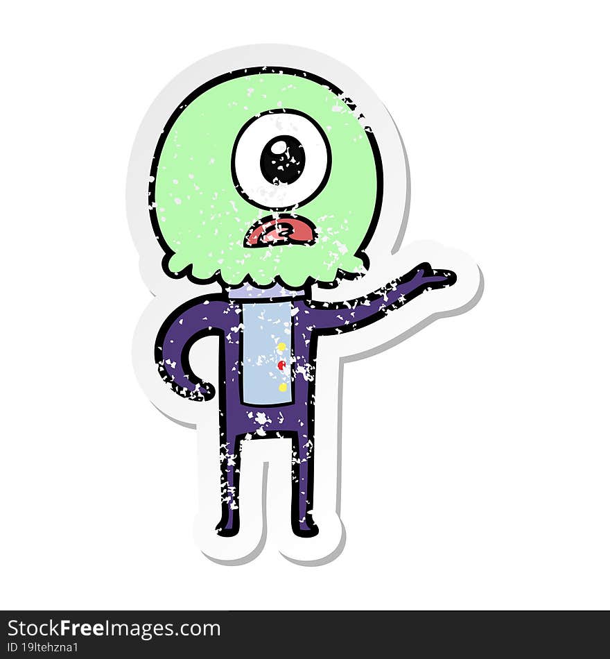 distressed sticker of a cartoon cyclops alien spaceman explaining