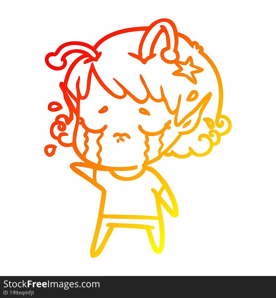 warm gradient line drawing cartoon crying alien girl