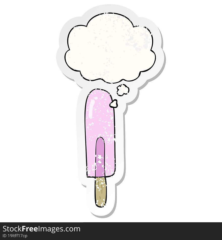 cartoon ice lolly with thought bubble as a distressed worn sticker