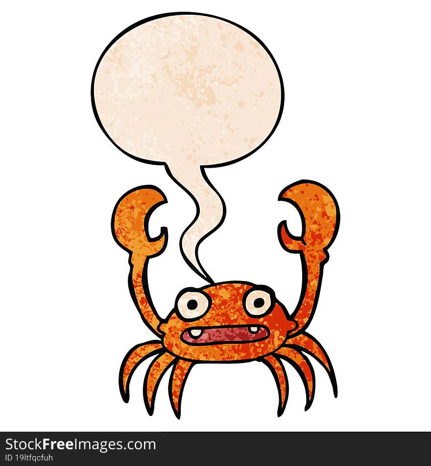 cartoon crab and speech bubble in retro texture style