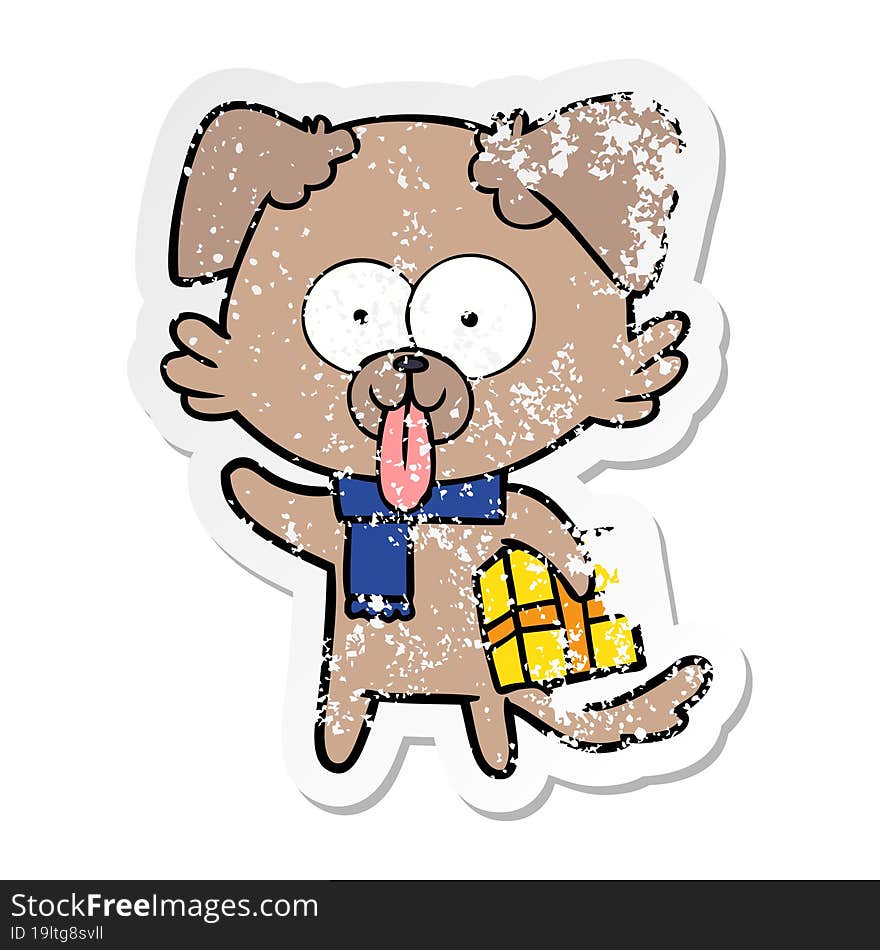 distressed sticker of a cartoon dog with christmas present