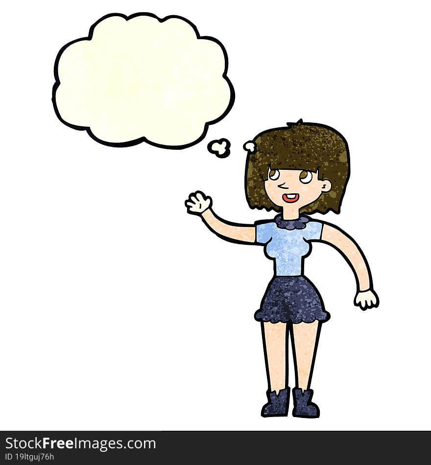 cartoon girl waving with thought bubble