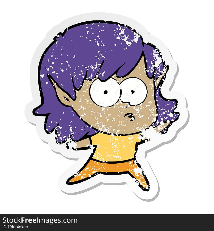 distressed sticker of a cartoon elf girl staring