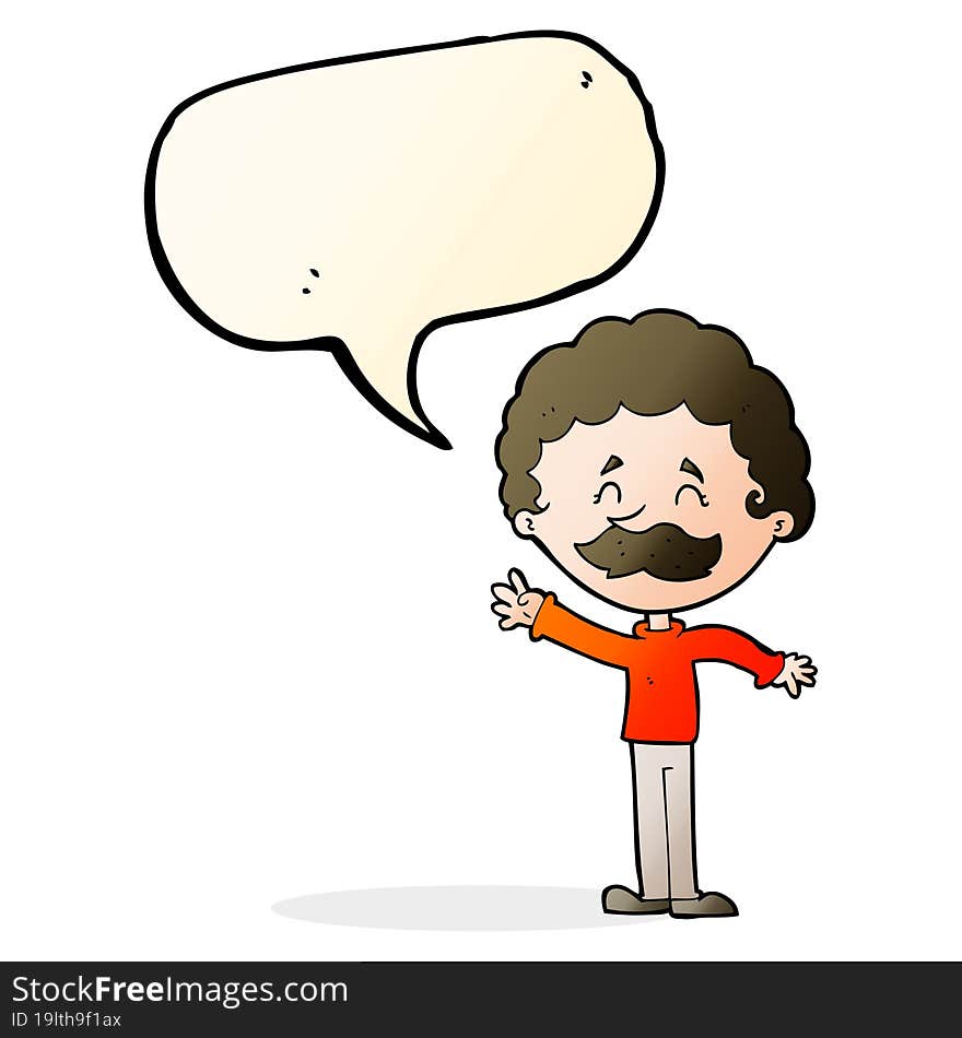 cartoon man with mustache waving with speech bubble