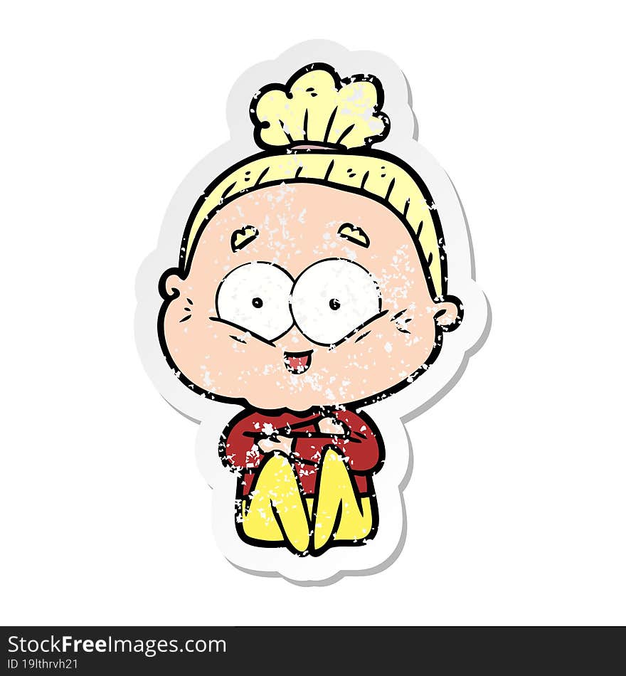 distressed sticker of a cartoon happy old woman