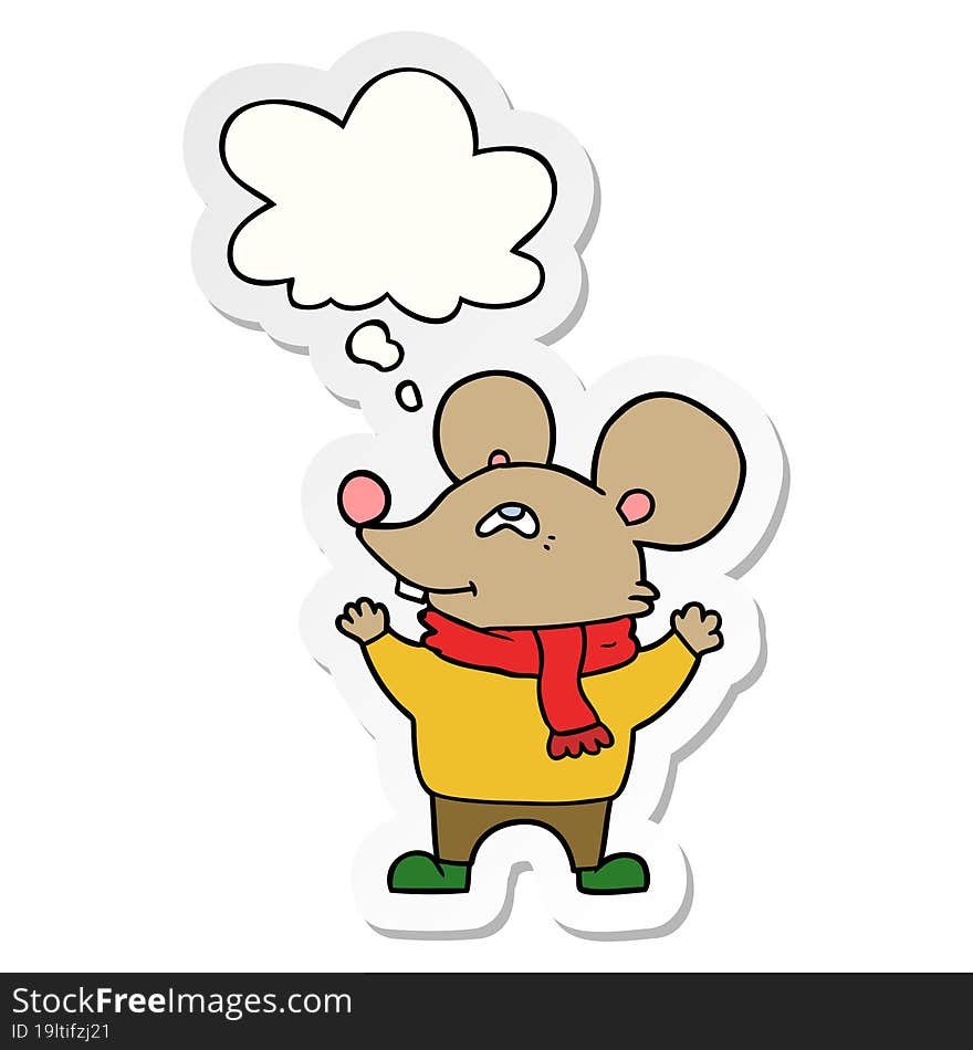 cartoon mouse wearing scarf with thought bubble as a printed sticker