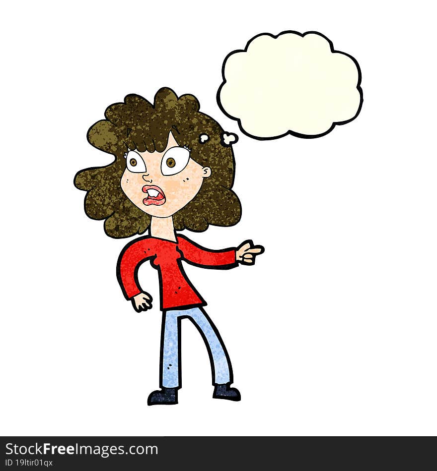 Cartoon Worried Woman Pointing With Thought Bubble