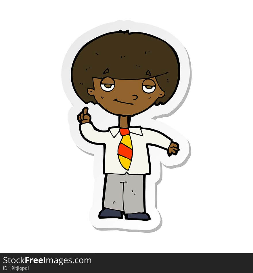 sticker of a cartoon school boy answering question