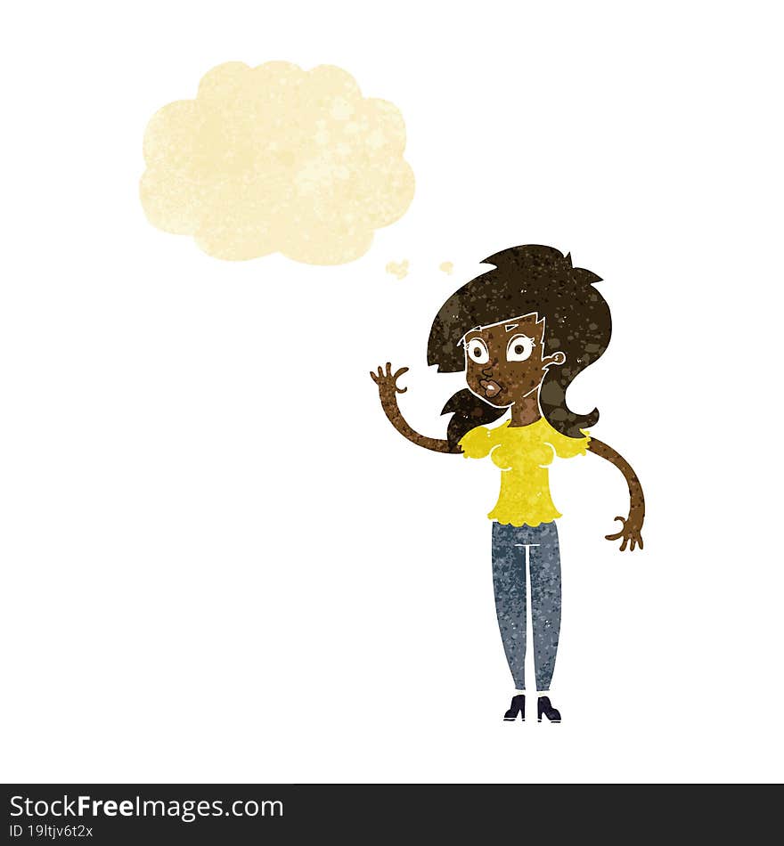 cartoon pretty woman waving with thought bubble