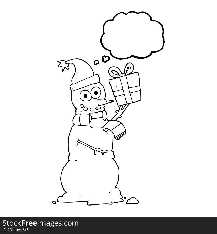 thought bubble cartoon snowman holding present