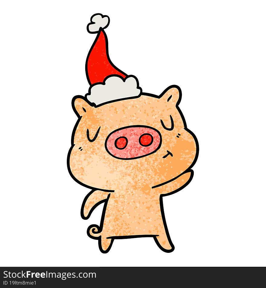 Textured Cartoon Of A Content Pig Wearing Santa Hat