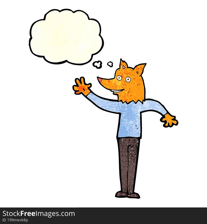 Cartoon Waving Fox Man With Thought Bubble