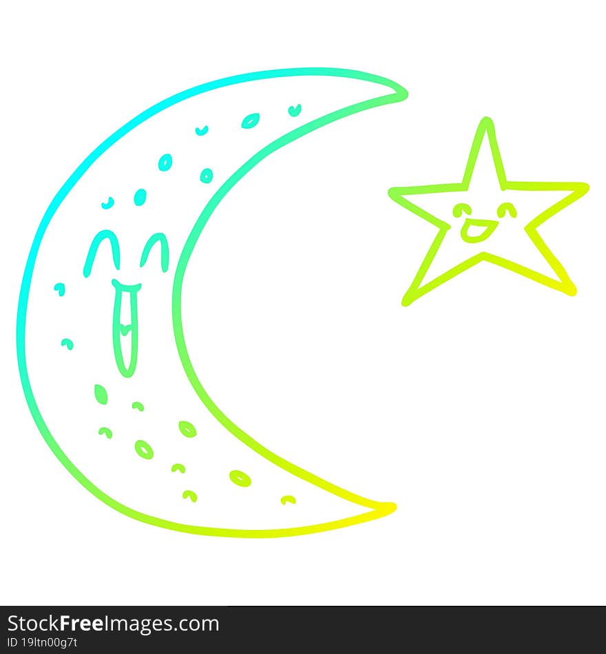 Cold Gradient Line Drawing Happy Cartoon Moon And Star