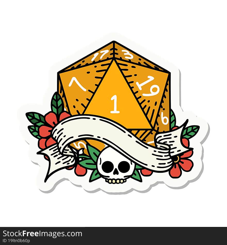 sticker of a natural one d20 dice roll. sticker of a natural one d20 dice roll