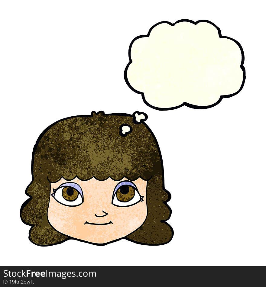 cartoon happy female face with thought bubble