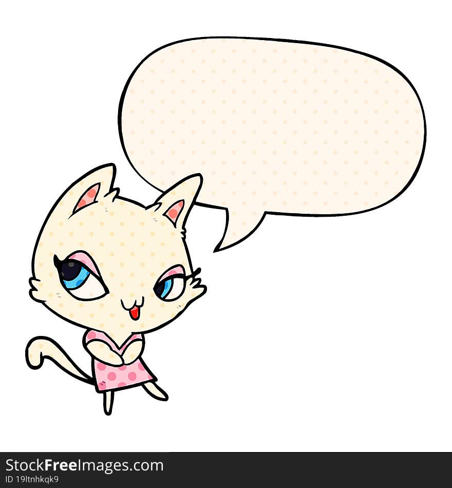 cute cartoon female cat and speech bubble in comic book style