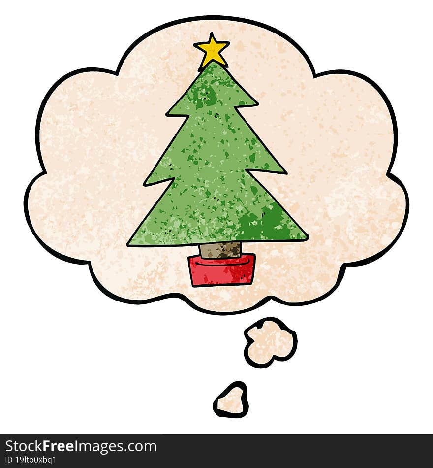 cartoon christmas tree with thought bubble in grunge texture style. cartoon christmas tree with thought bubble in grunge texture style