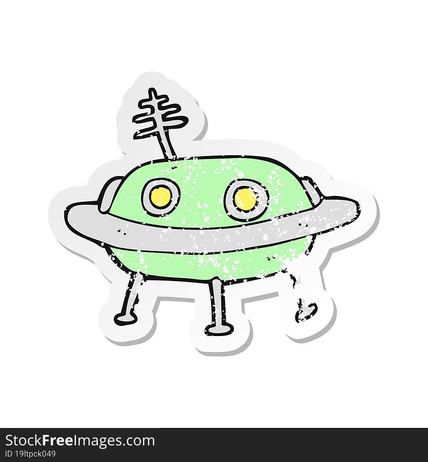 Retro Distressed Sticker Of A Cartoon Alien Spaceship