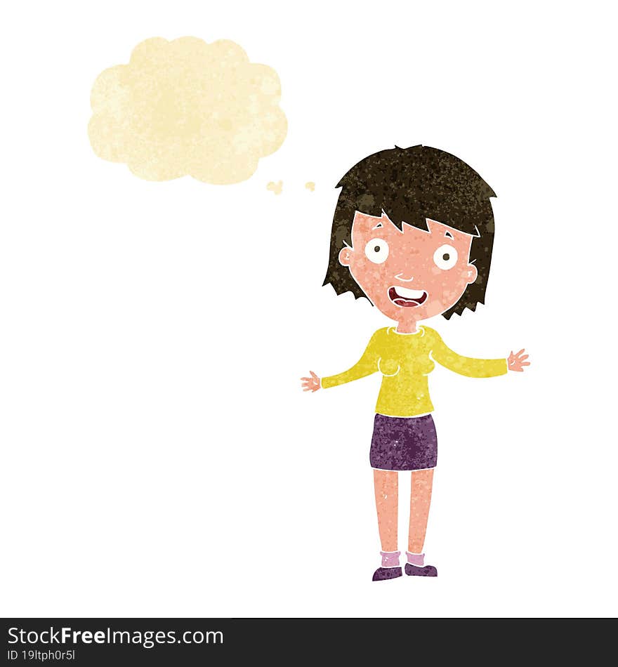 cartoon excited woman with thought bubble