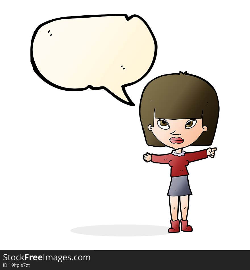 cartoon woman pointing with speech bubble