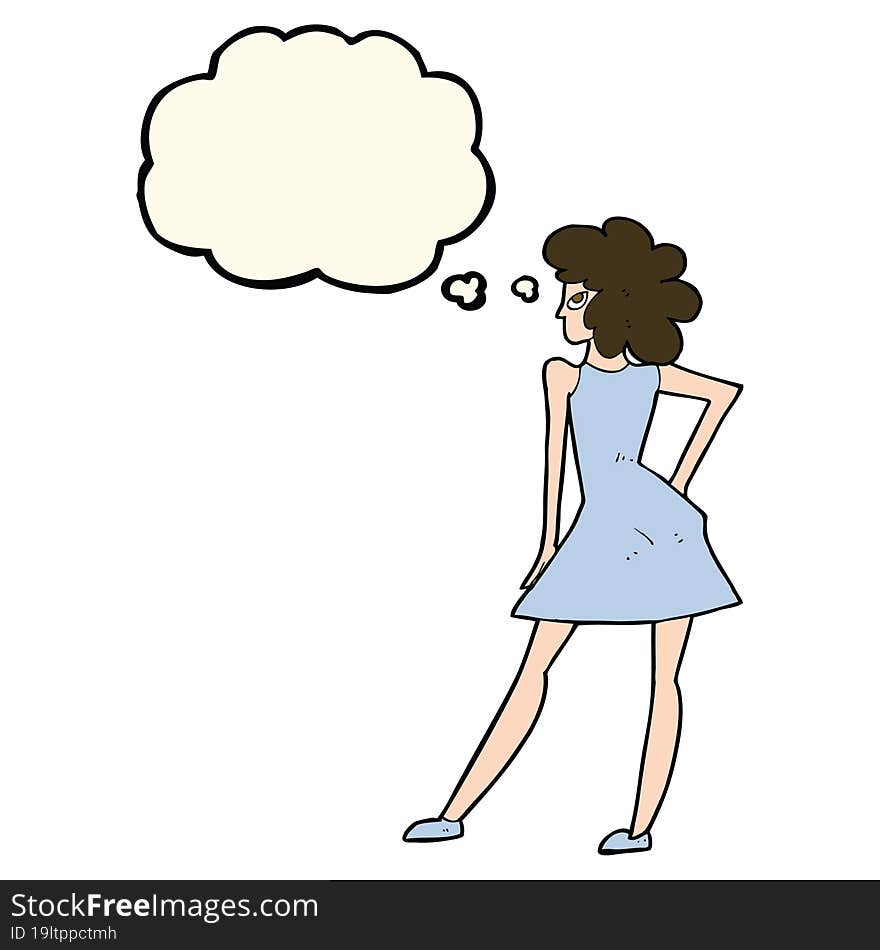 cartoon woman posing in dress with thought bubble