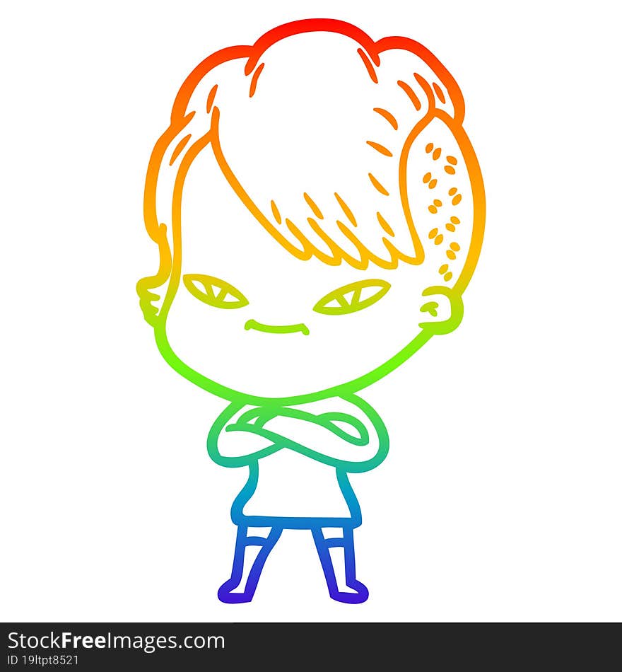 Rainbow Gradient Line Drawing Cute Cartoon Girl With Hipster Haircut