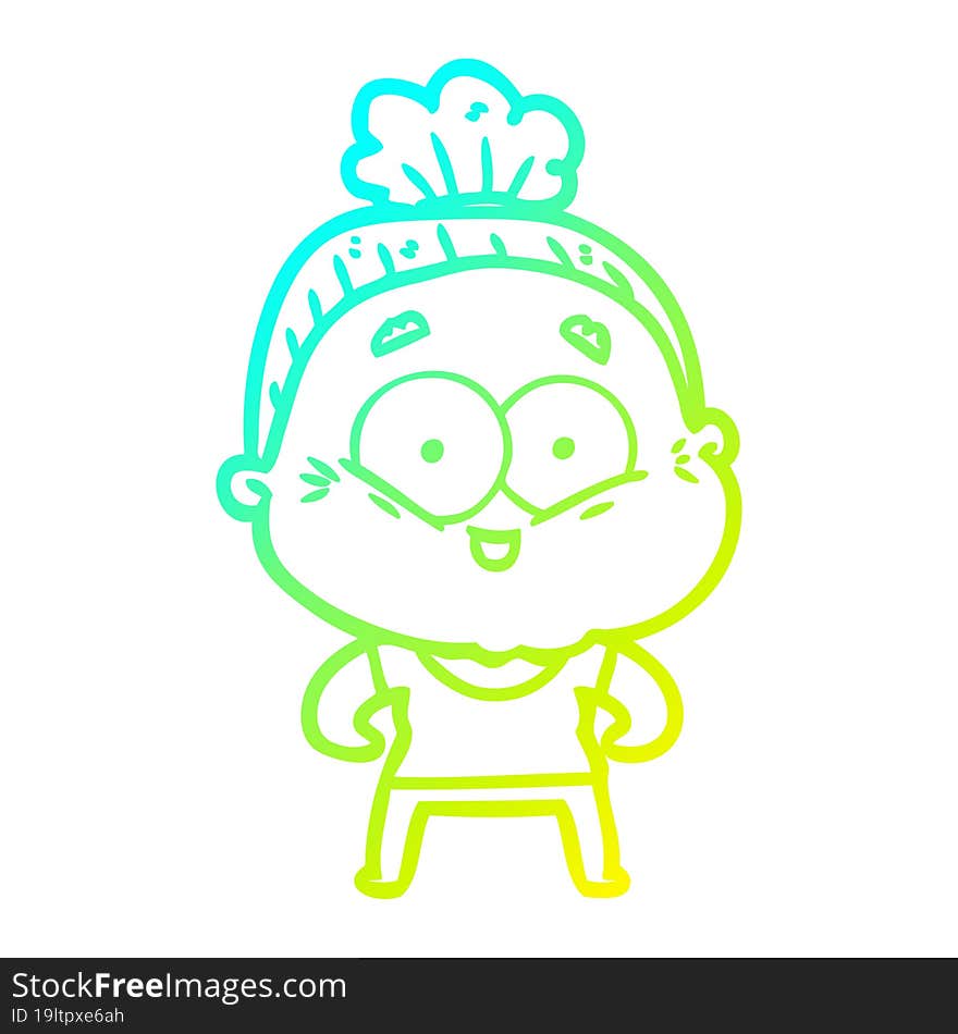 cold gradient line drawing of a cartoon happy old woman