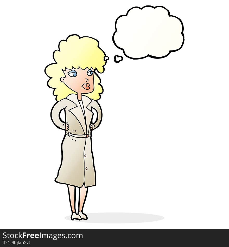 cartoon woman in trench coat with thought bubble