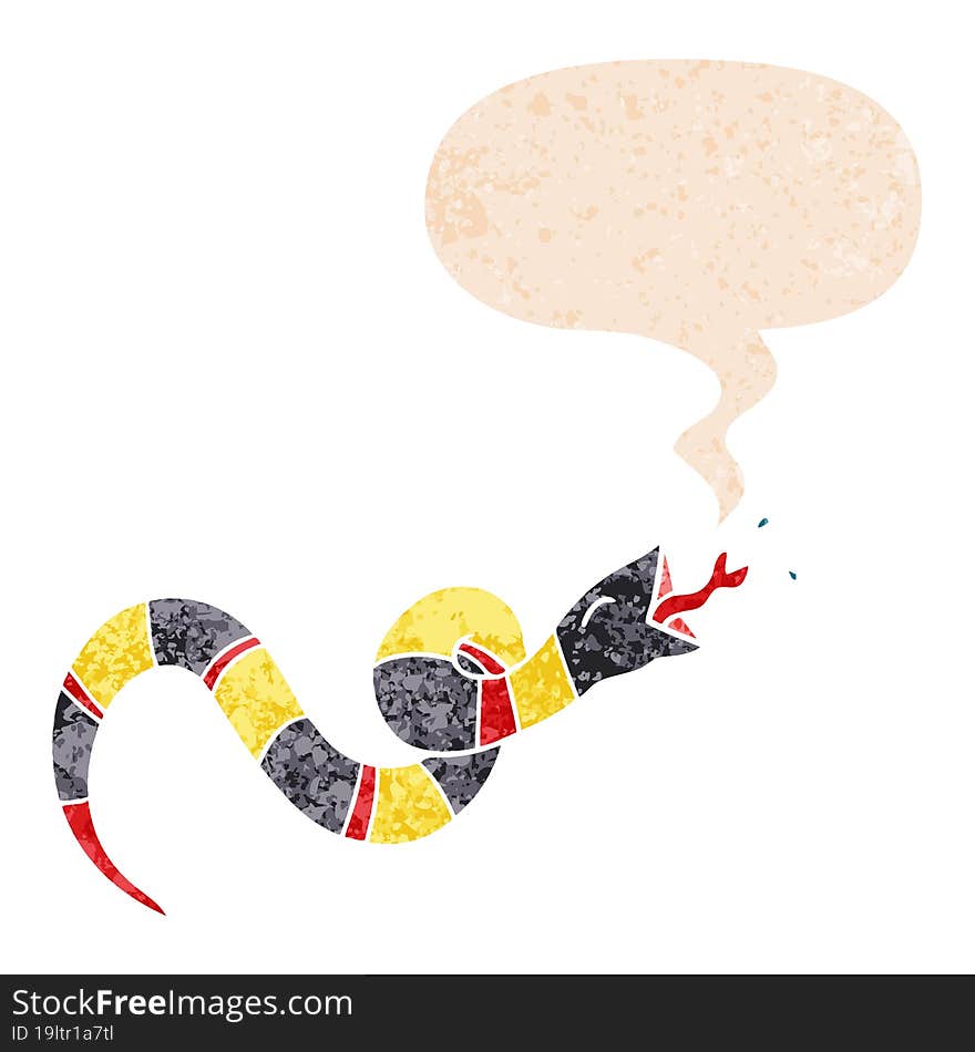 cartoon hissing snake and speech bubble in retro textured style